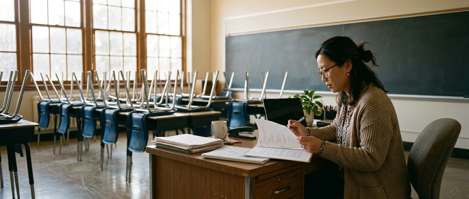 A teacher reading through a benefits packet at her desk in an empty classroom after school