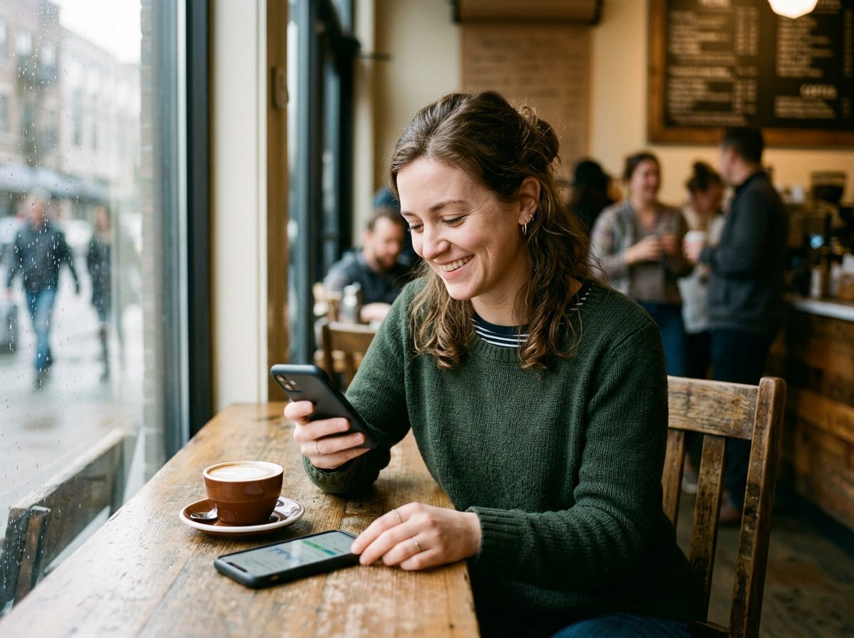 A woman checking her savings account on her phone at a cafe