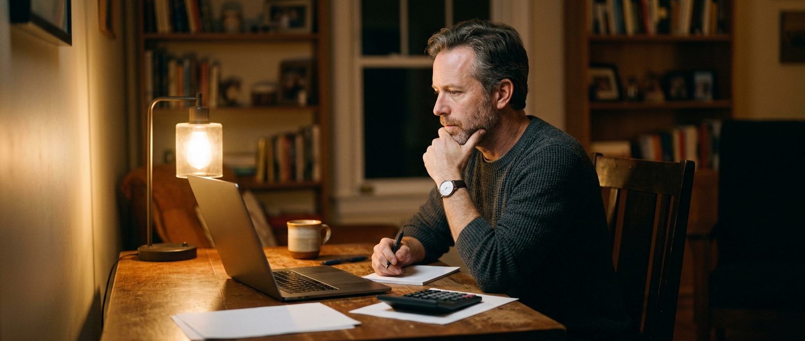 A man in a sweater sits at a wooden desk at night, thinking as he looks at his laptop with a calculator and notepad beside him