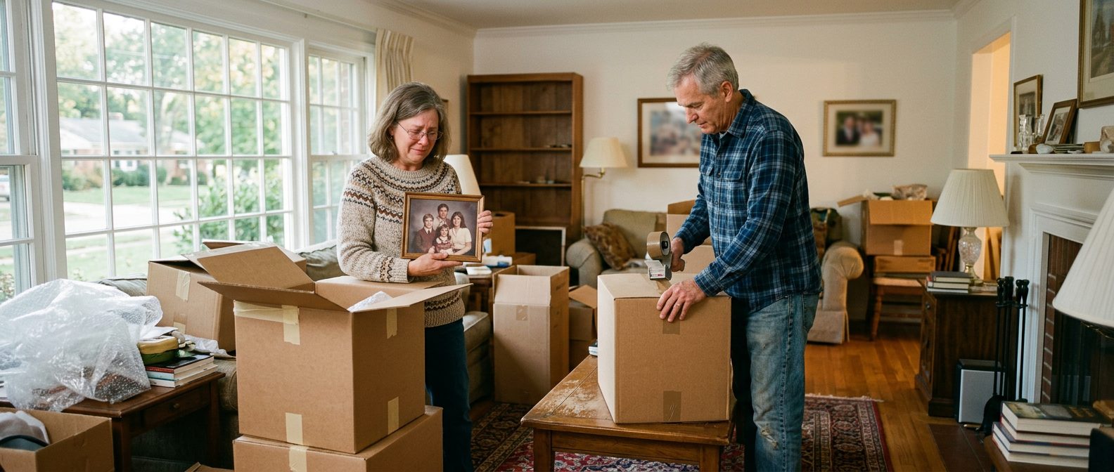 An older couple packing moving boxes in their living room, the wife holding a framed family photo while the husband tapes a box