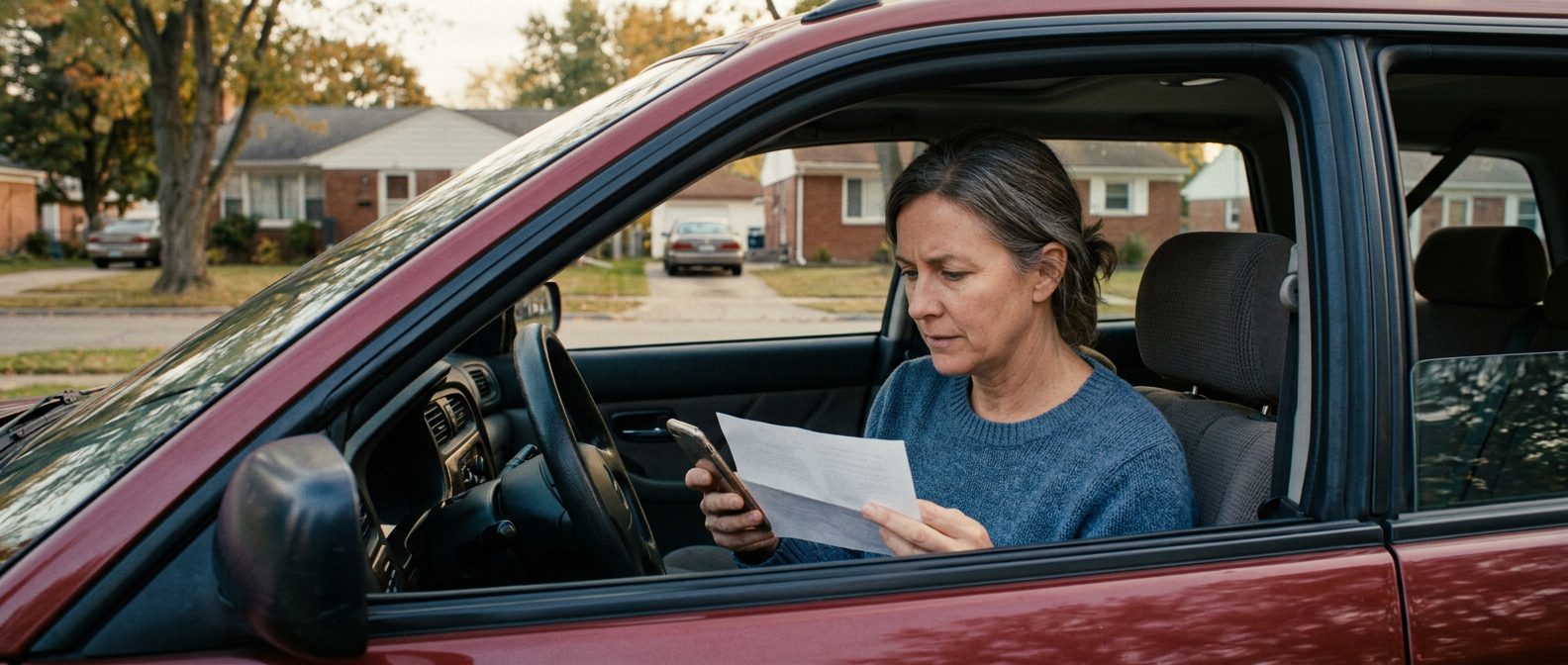 A woman sitting in her parked car comparing insurance quotes on her phone and a printed page