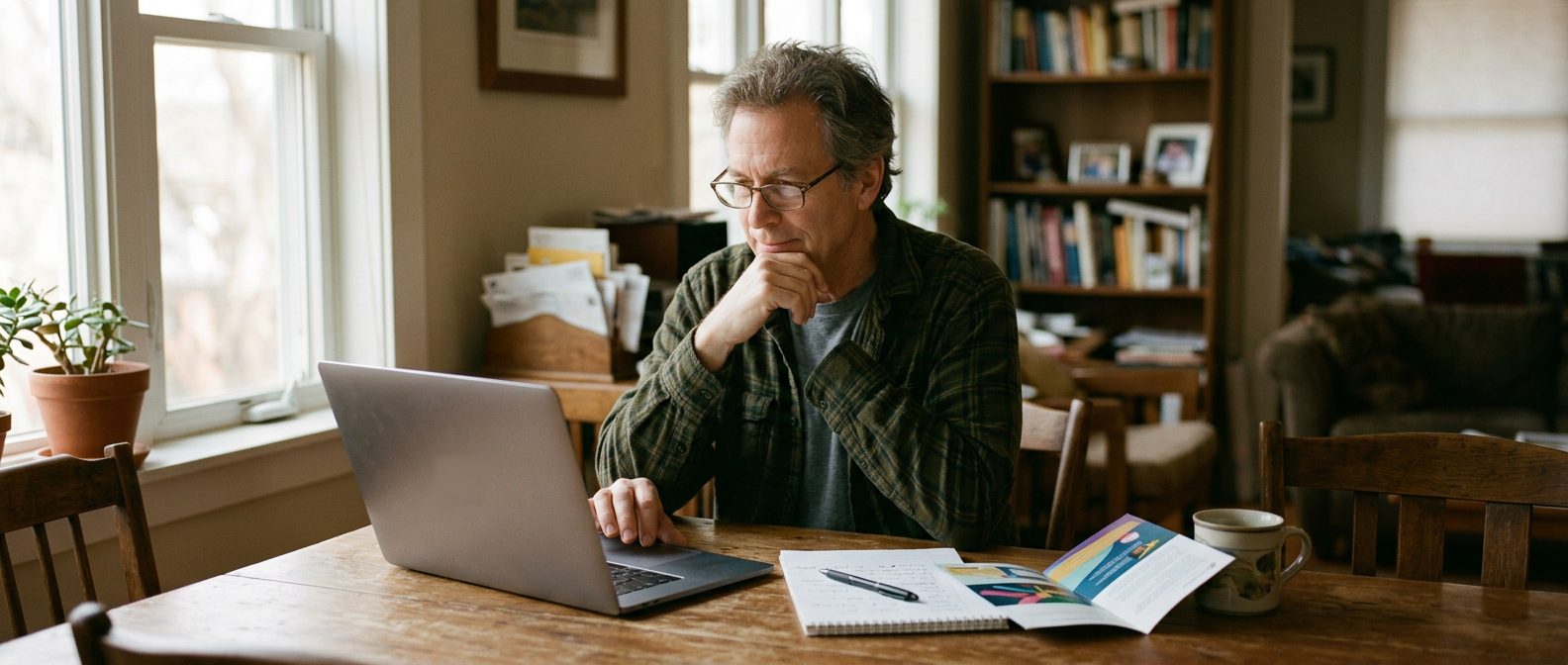 A man researching a financial adviser on his laptop at the dining table, with a brochure and notepad beside him