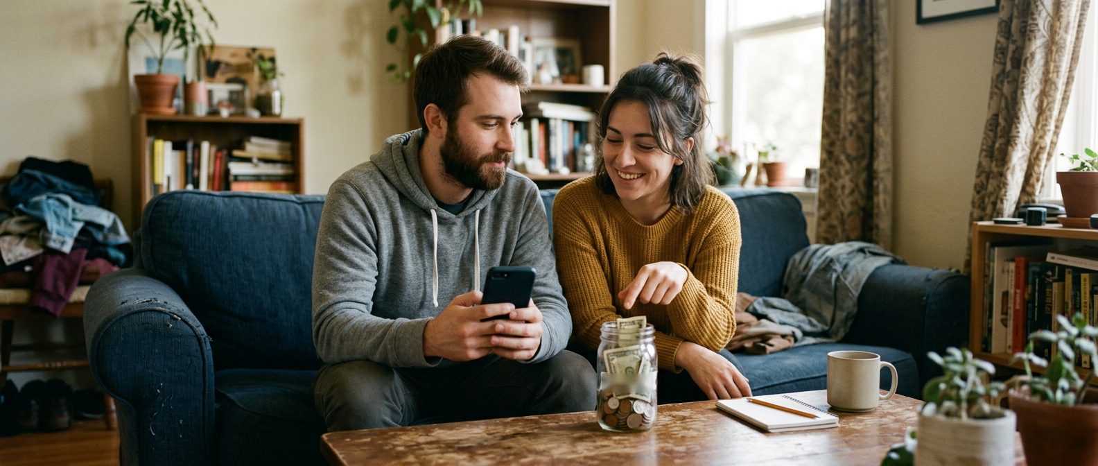 A young couple on their living room couch going over their budget on a phone, with a jar of saved coins and bills on the coffee table