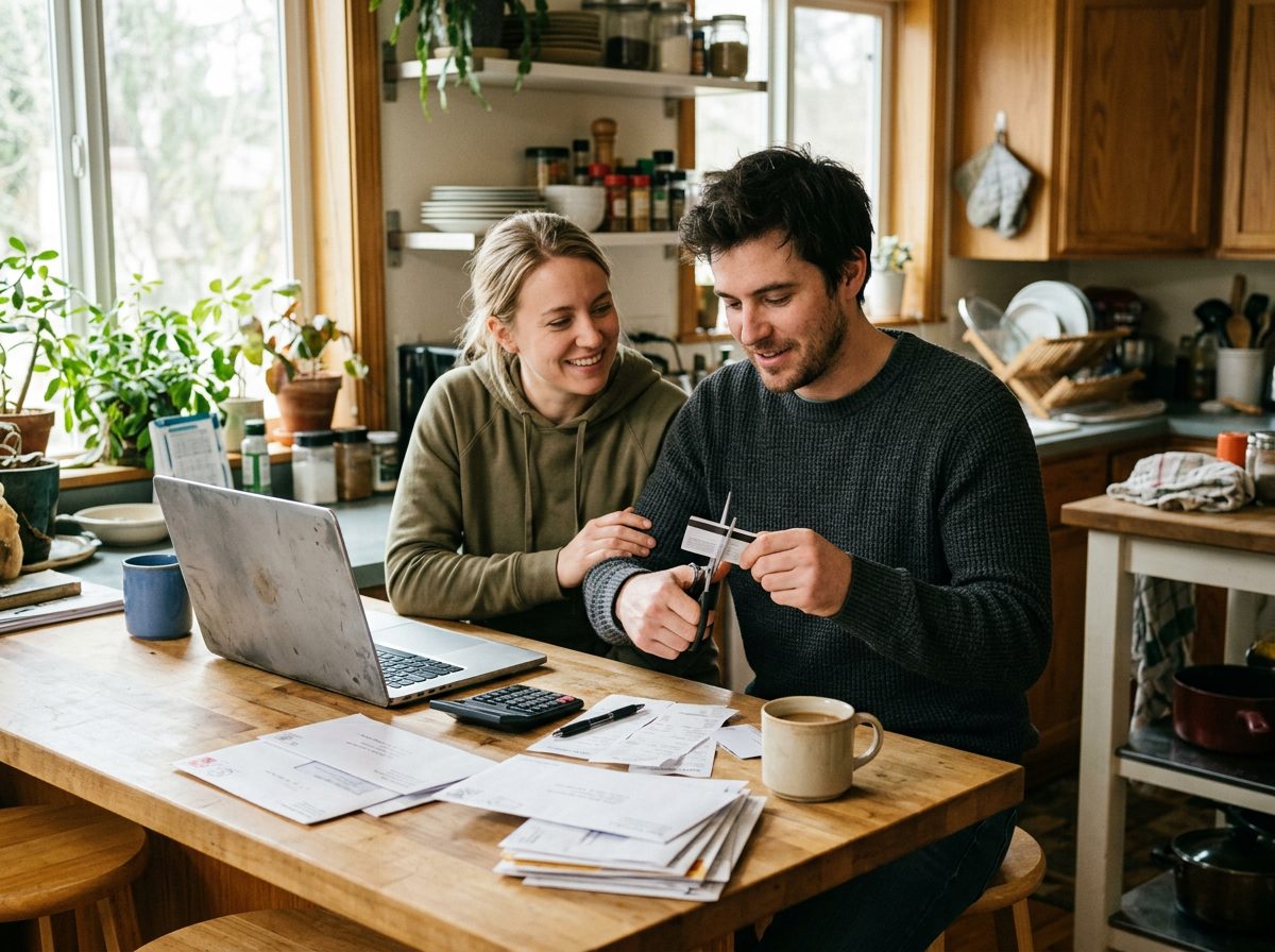 A young couple going over their bills at the kitchen counter and cutting up a credit card