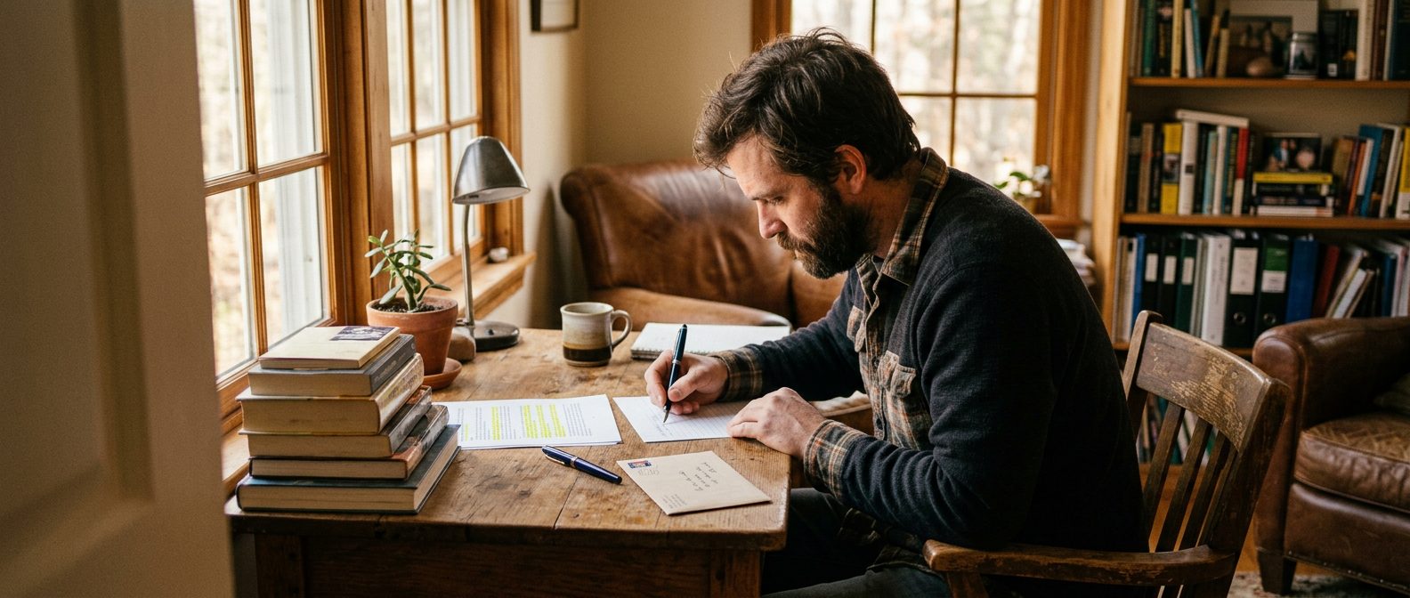 A man at a home desk writing a dispute letter, with a highlighted printed report and an envelope beside him