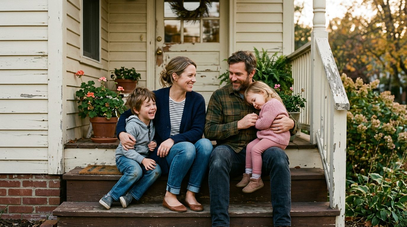 A young family sitting together on the front steps of their home