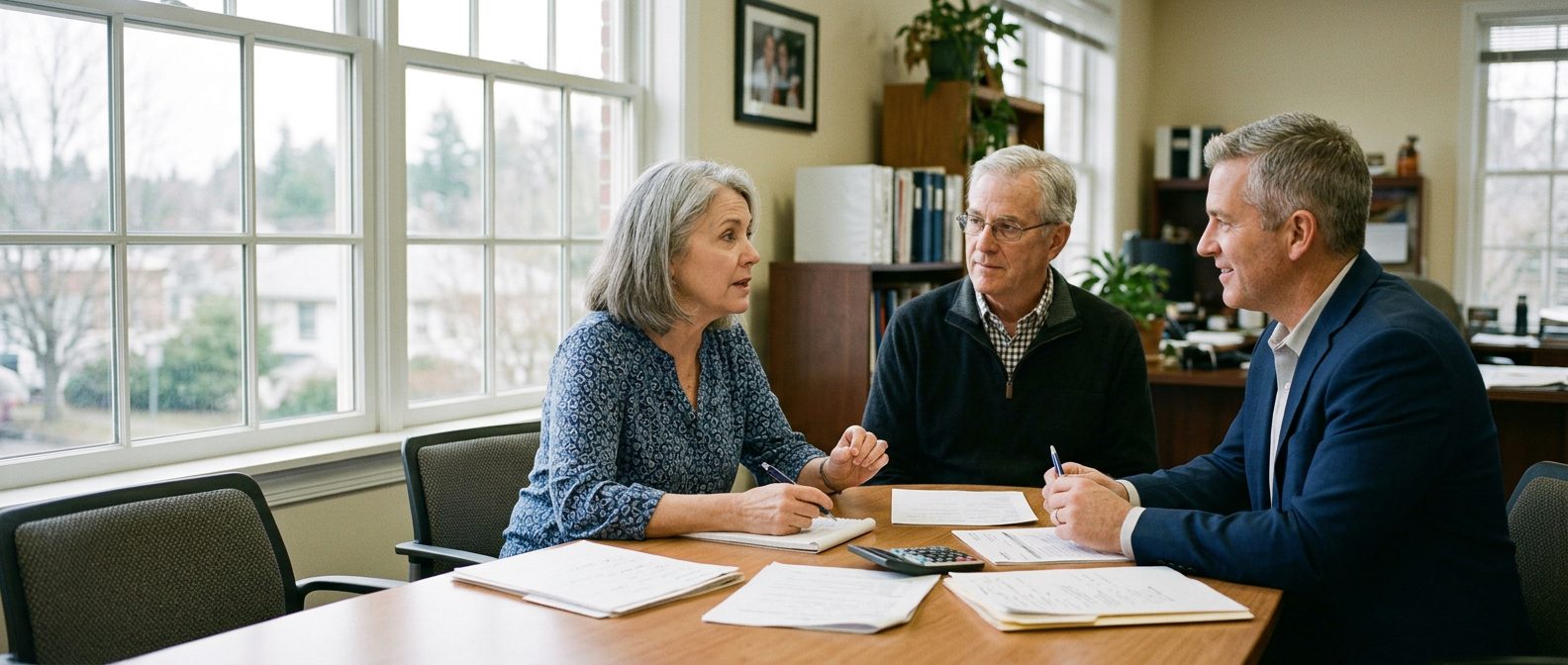 An older couple meeting with a financial professional at a conference table, the wife asking a question while her husband listens
