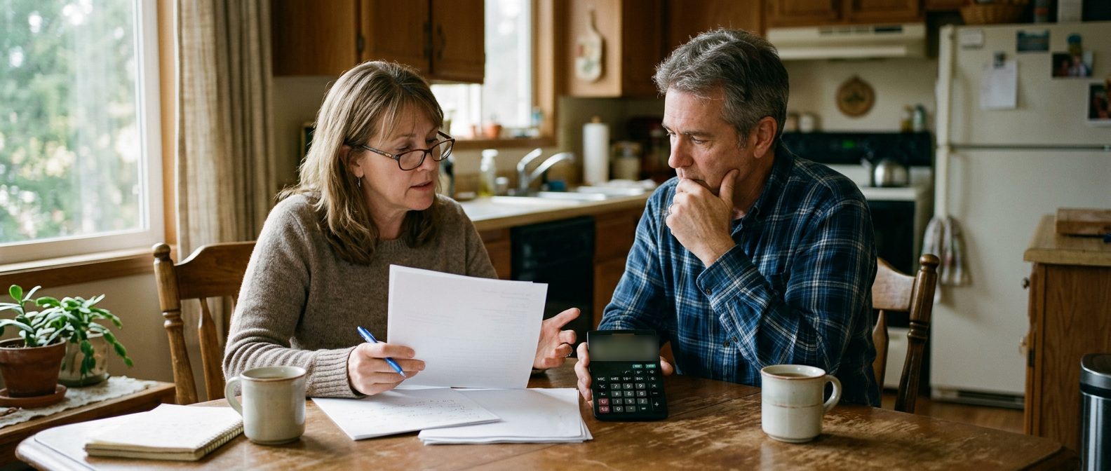 A couple in their fifties going over costs at their kitchen table with papers and a calculator