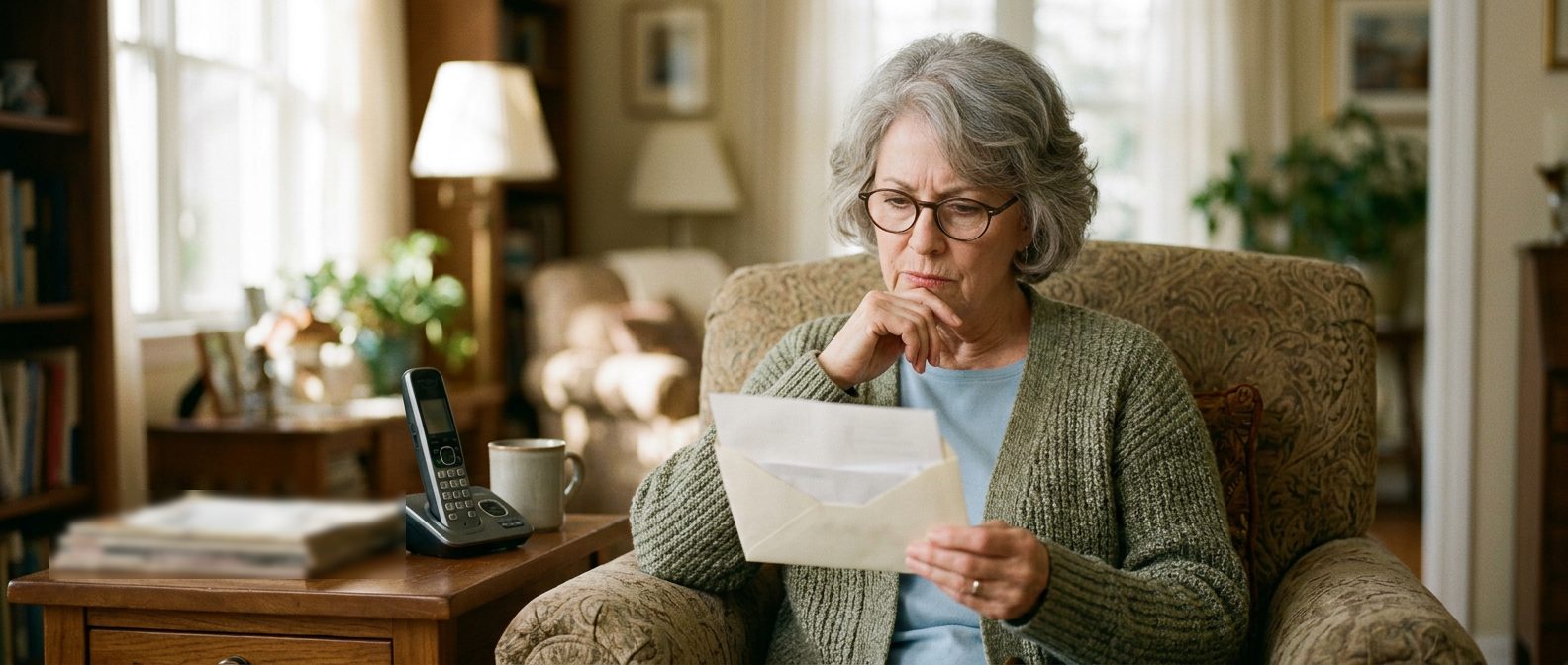 An older woman in a living room armchair reading a letter carefully, a cordless phone on the table beside her