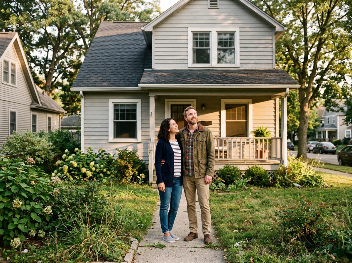 A couple standing in front of a house they are thinking about buying