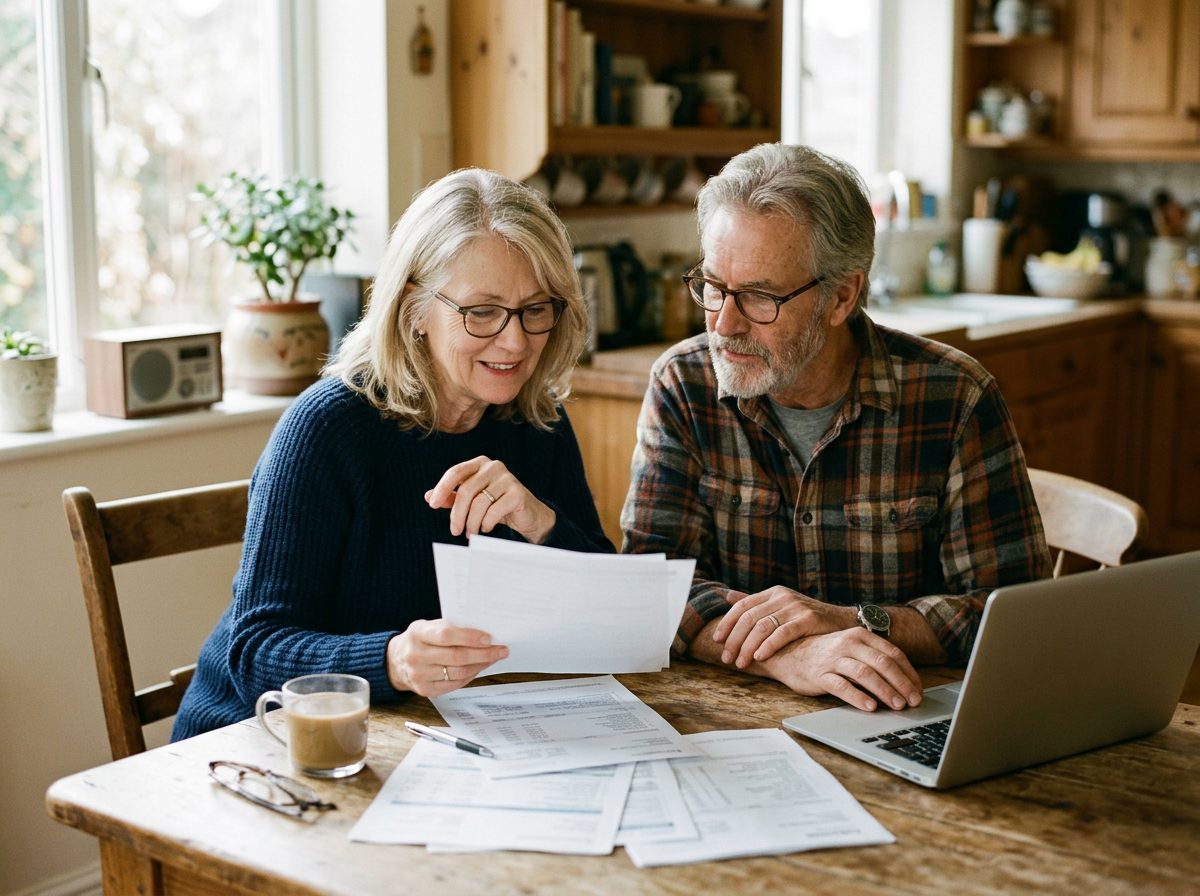 A couple in their sixties reviewing financial statements together at their kitchen table