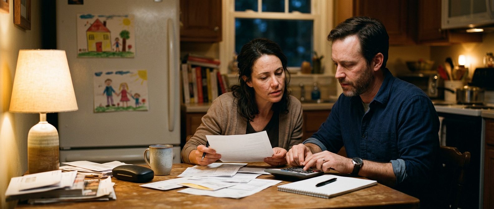 A couple at their kitchen table in the evening, adding up household bills with a calculator, with children's drawings on the fridge behind them