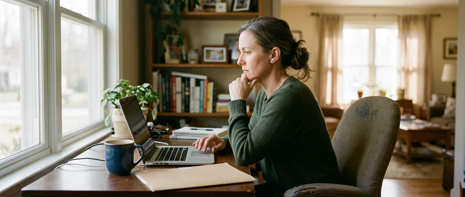A woman at a desk by the window in her home office, chin in hand, looking at her laptop beside a coffee mug and a paper folder