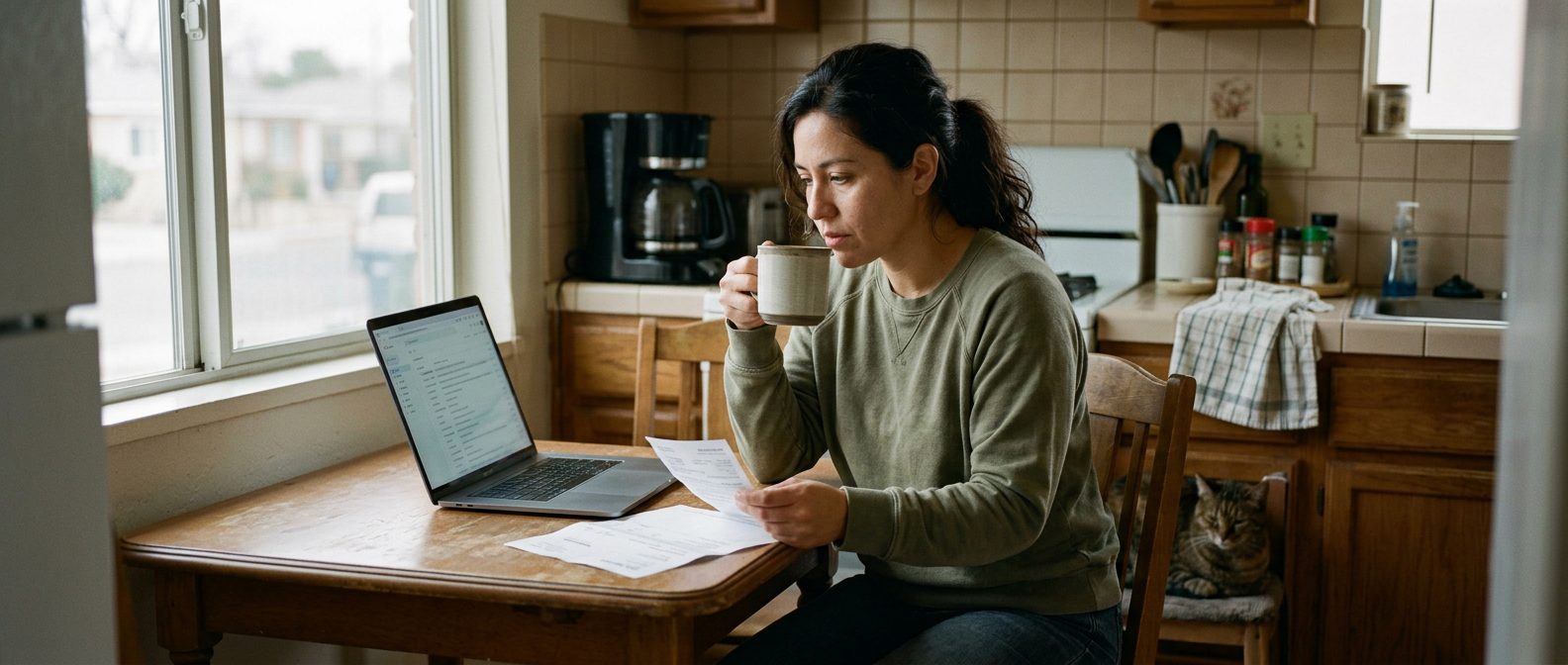 A woman drinking coffee at her kitchen table while she reads a pay stub next to her laptop
