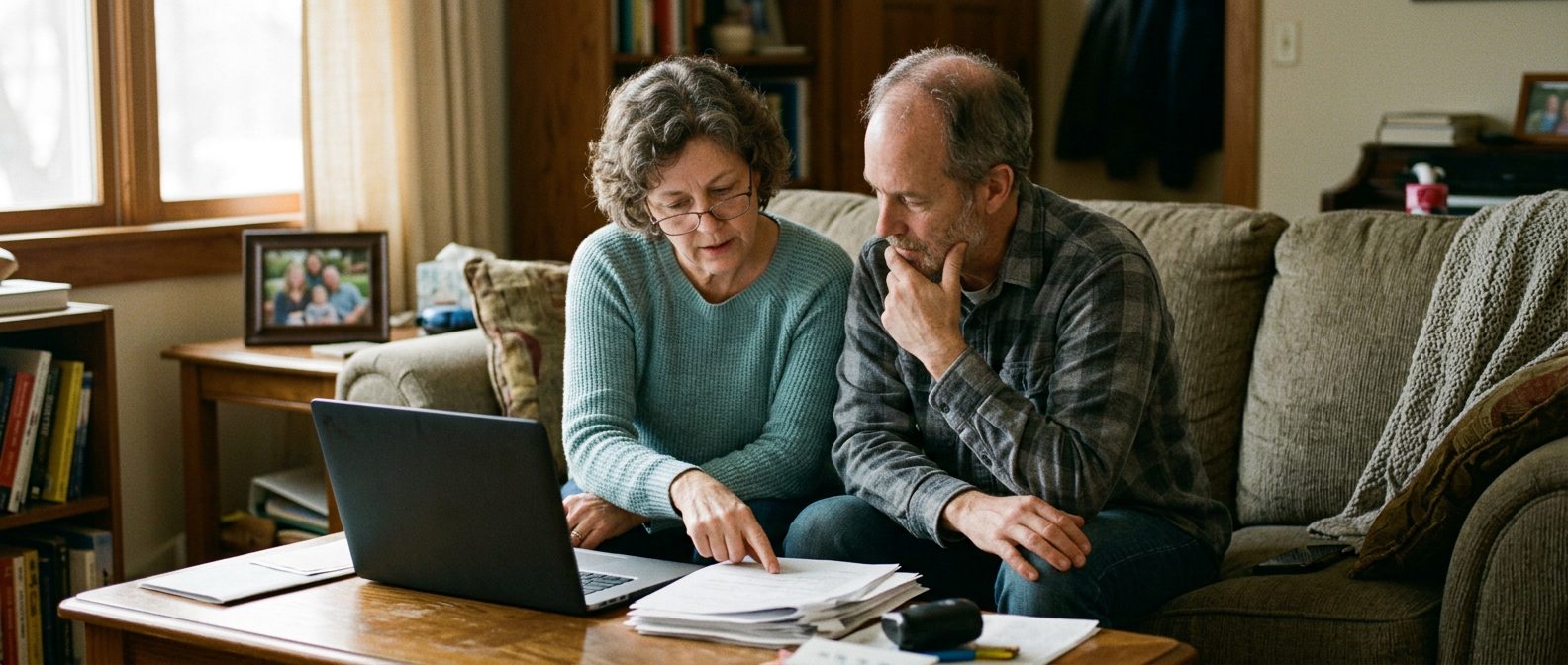 A brother and sister on a living room couch going over paperwork together beside a laptop