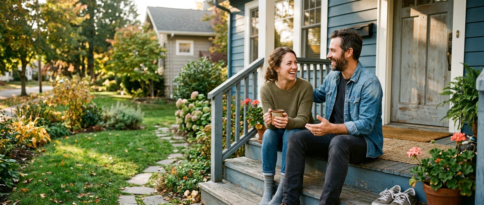 A smiling couple sits on the front steps of their blue house on an autumn afternoon, one holding a coffee mug