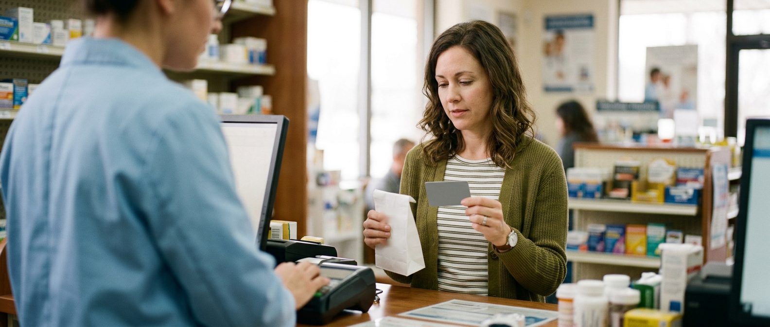 A woman paying for a prescription at a neighborhood pharmacy counter, holding a payment card and a small paper bag