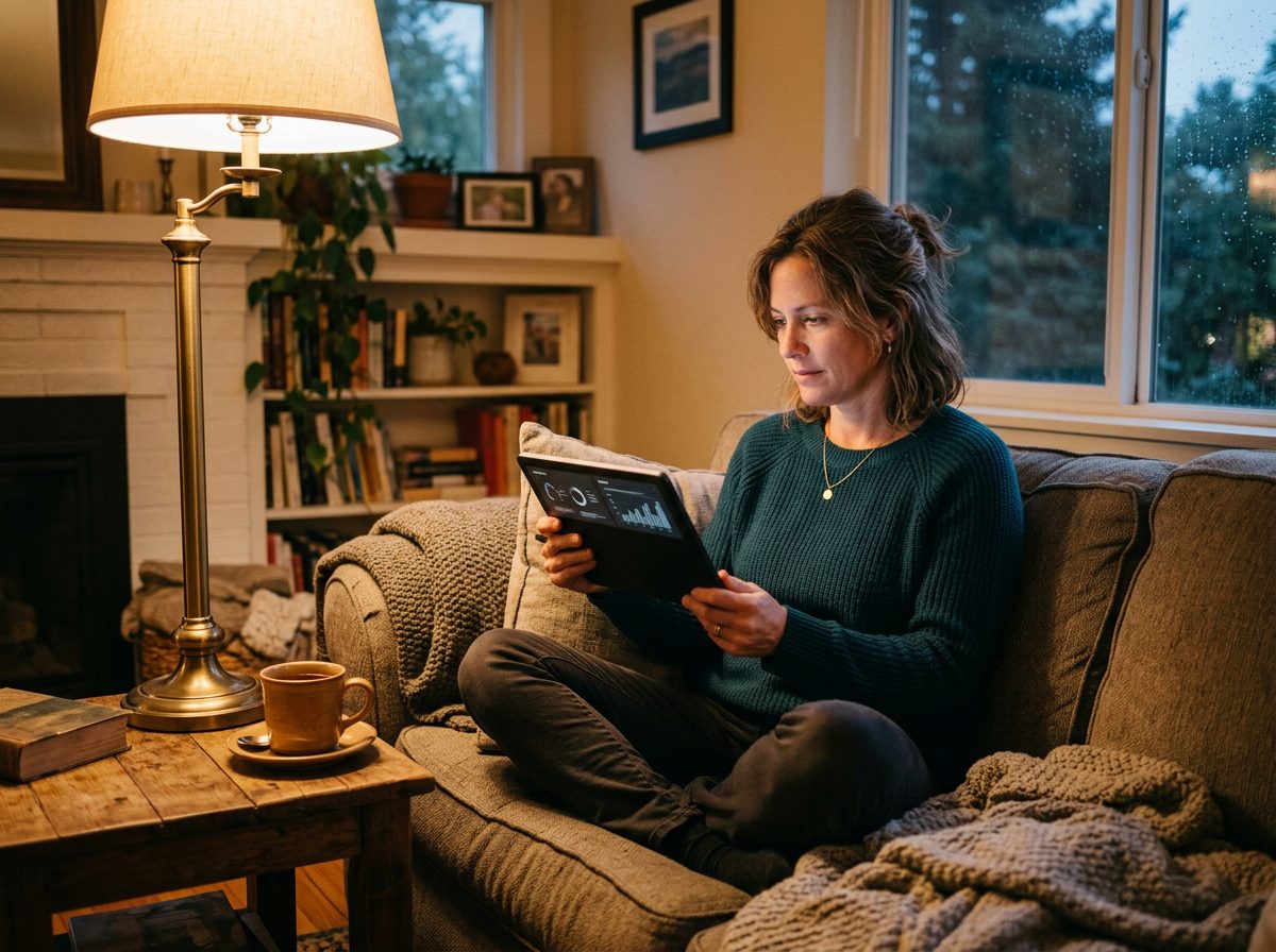 A woman reviewing her investments on a tablet at home in the evening