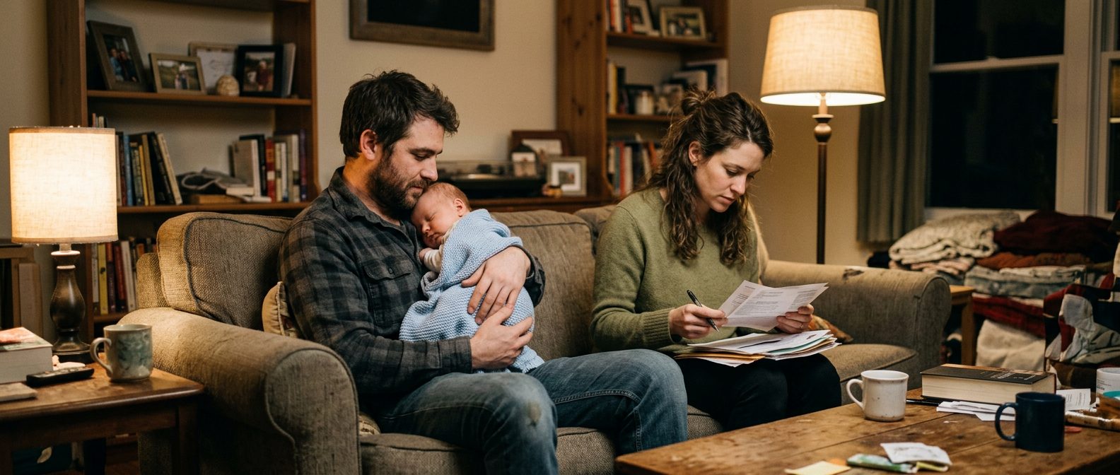 Young parents at home in the evening, the father holding a sleeping baby while the mother reviews paperwork