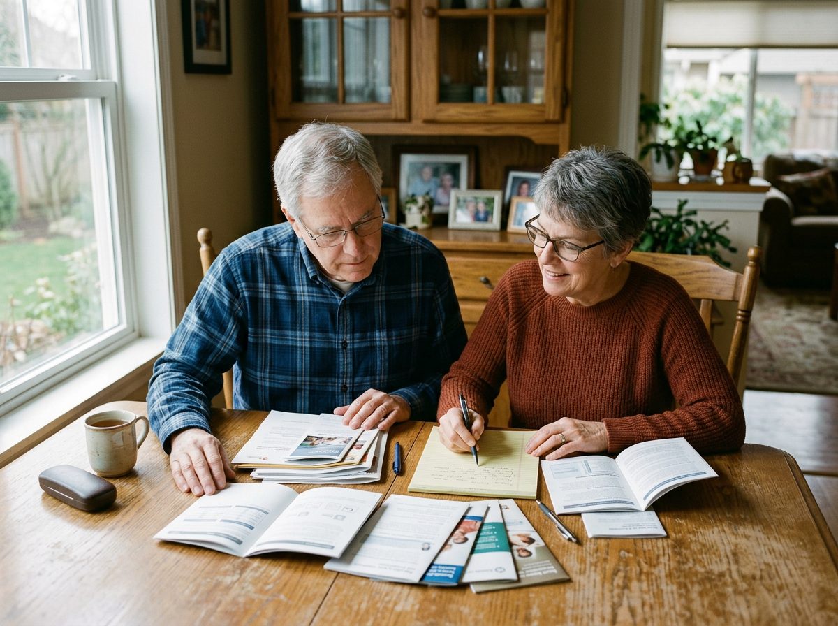 A couple in their sixties comparing health plan booklets at their dining table