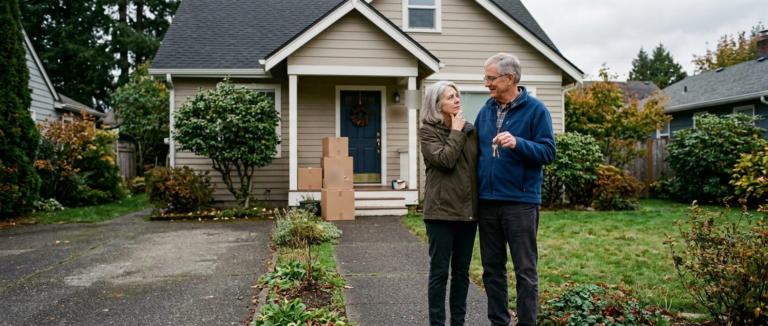A retired couple standing on the front walk of their house with moving boxes on the porch, the husband holding the house keys