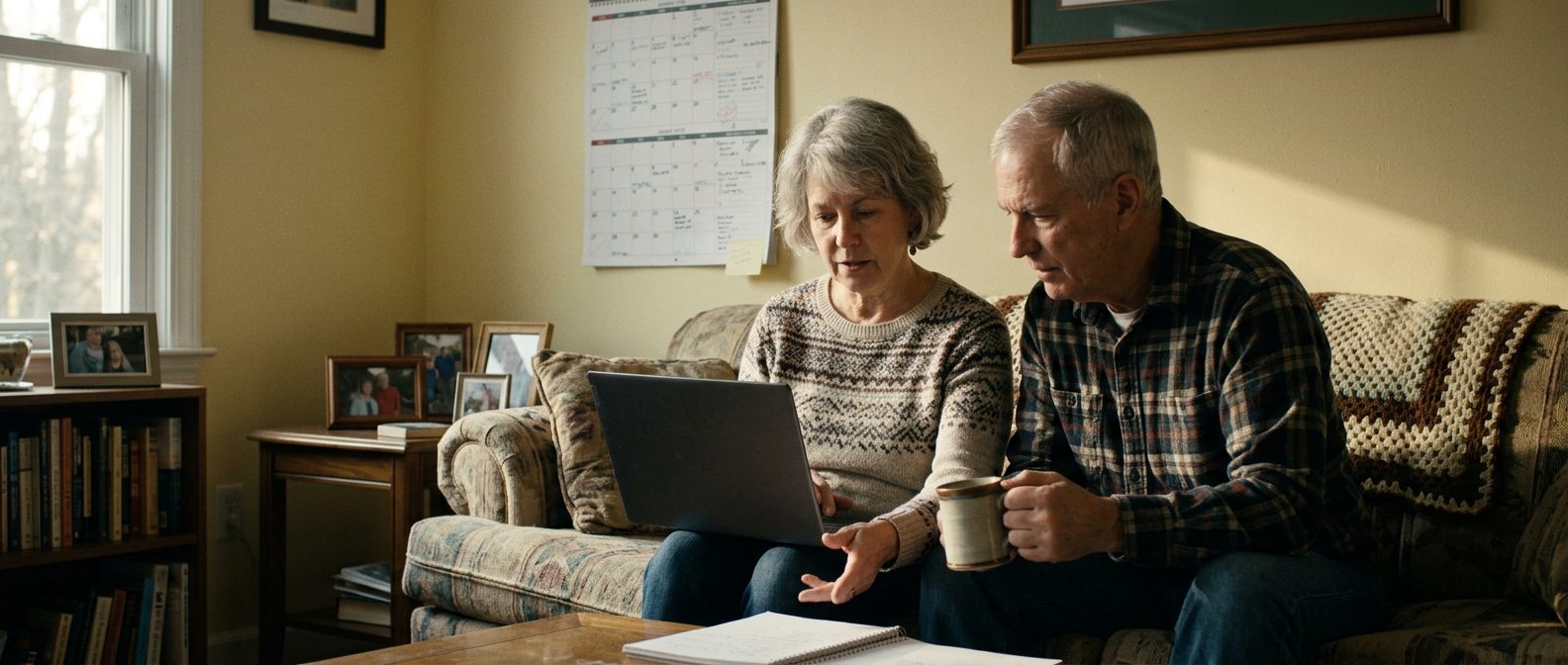 A retired couple on their living room sofa planning together on a laptop, with a wall calendar behind them