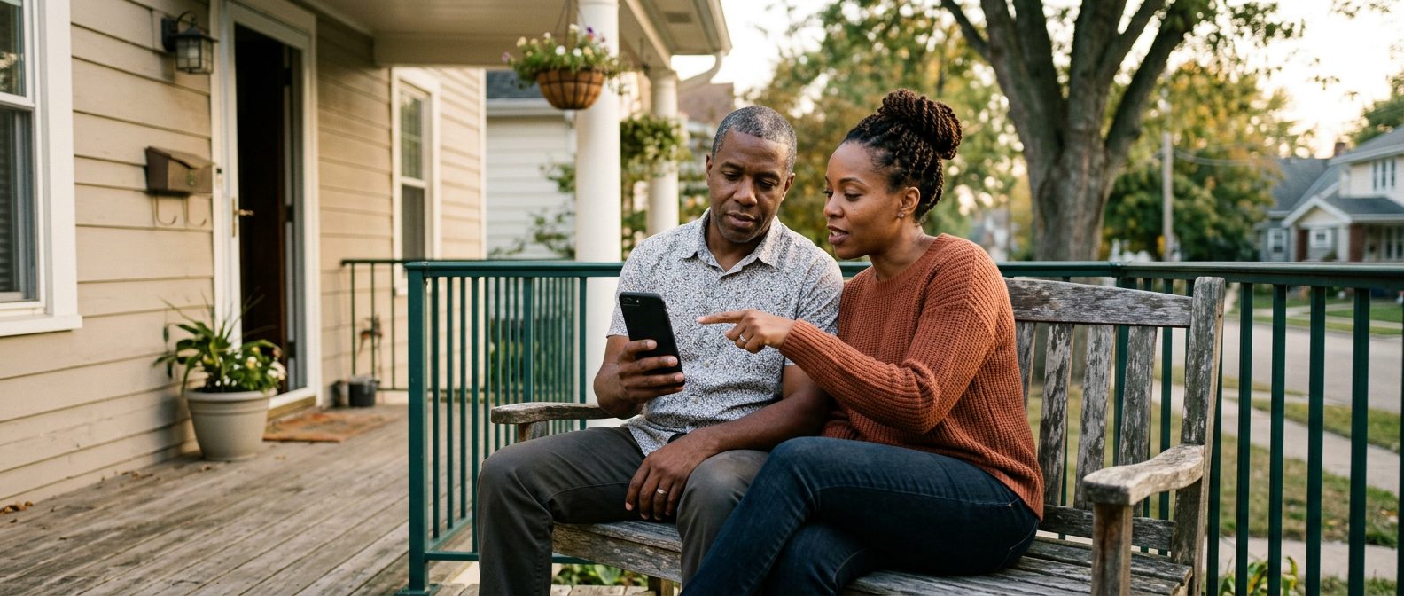 A couple sitting on a bench on their front porch, looking at a phone together as they talk about their savings