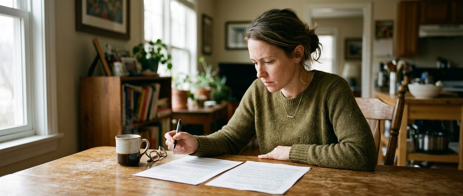A woman at her kitchen table comparing two printed documents side by side with a pen, a cup of coffee beside her