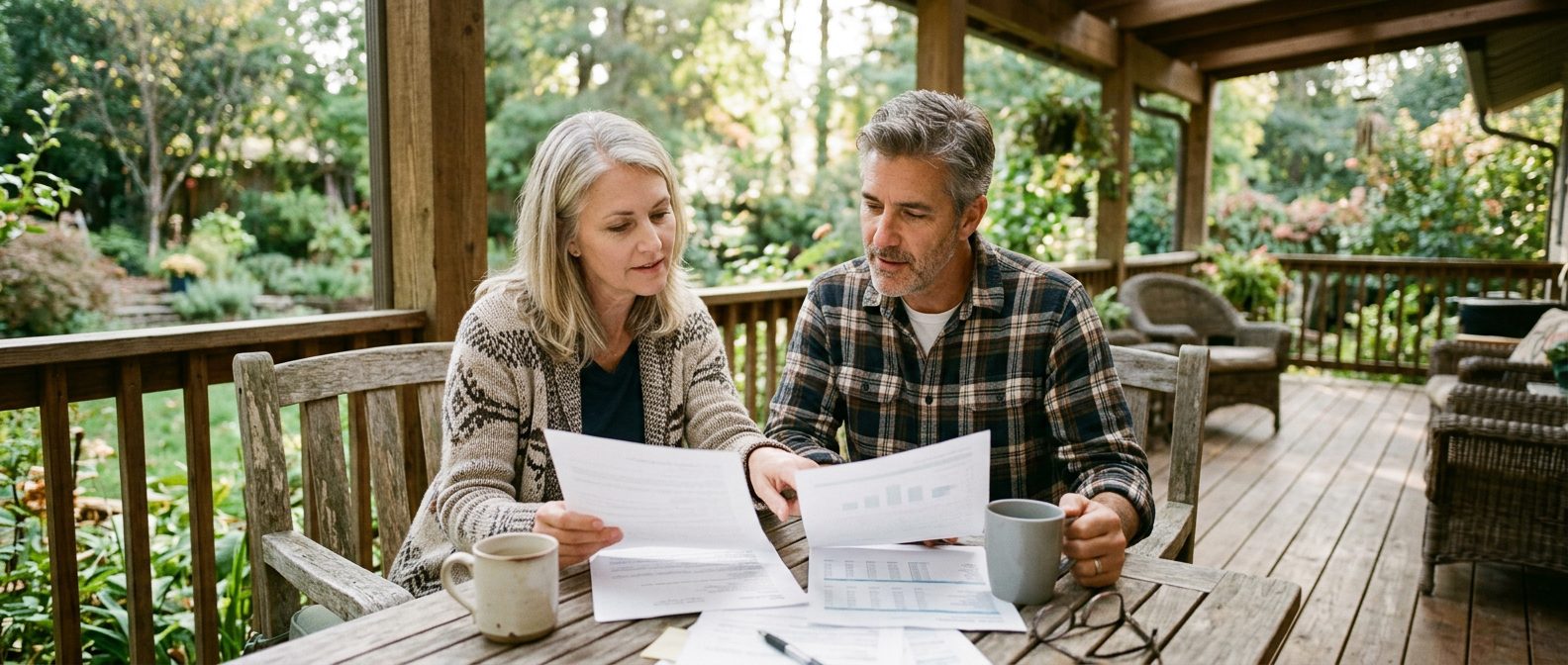A couple in their fifties reviewing retirement statements together on their back porch
