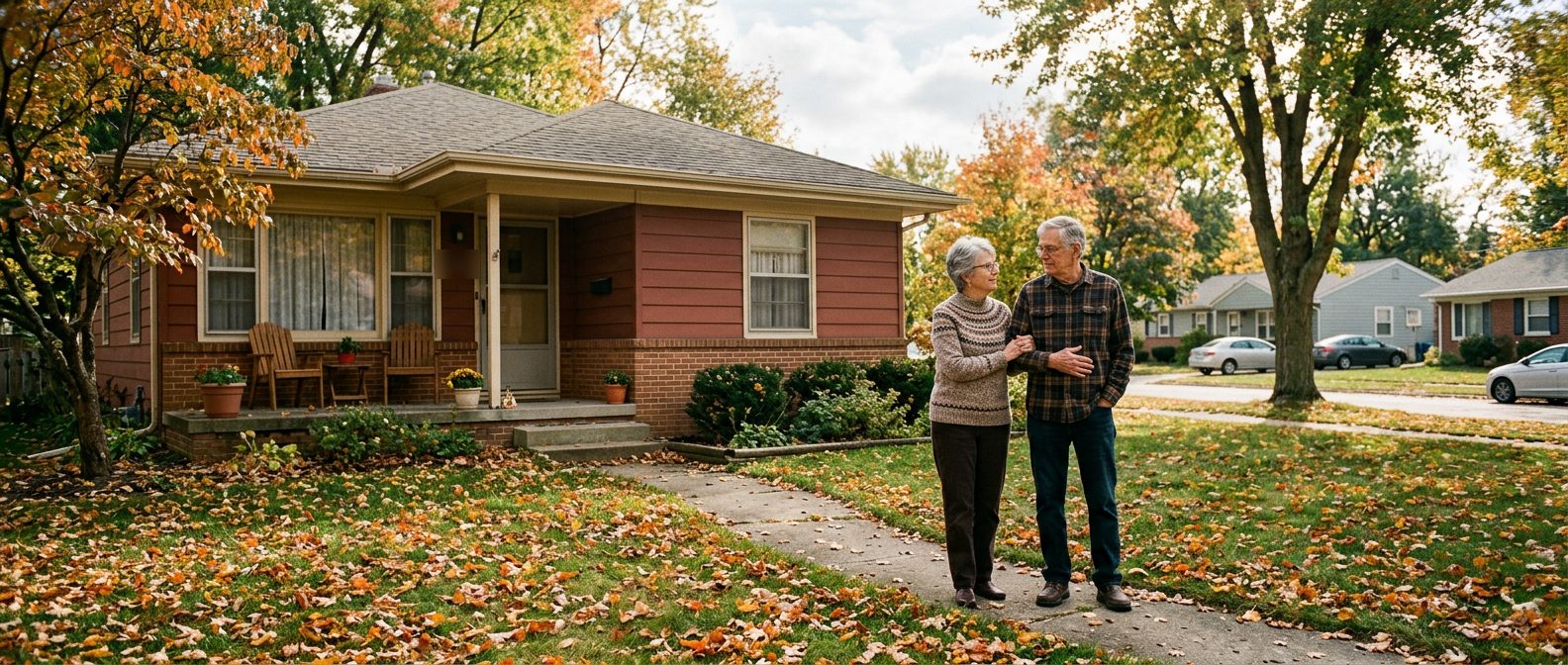 A retired couple standing arm in arm in the front yard of their ranch-style home on an autumn afternoon