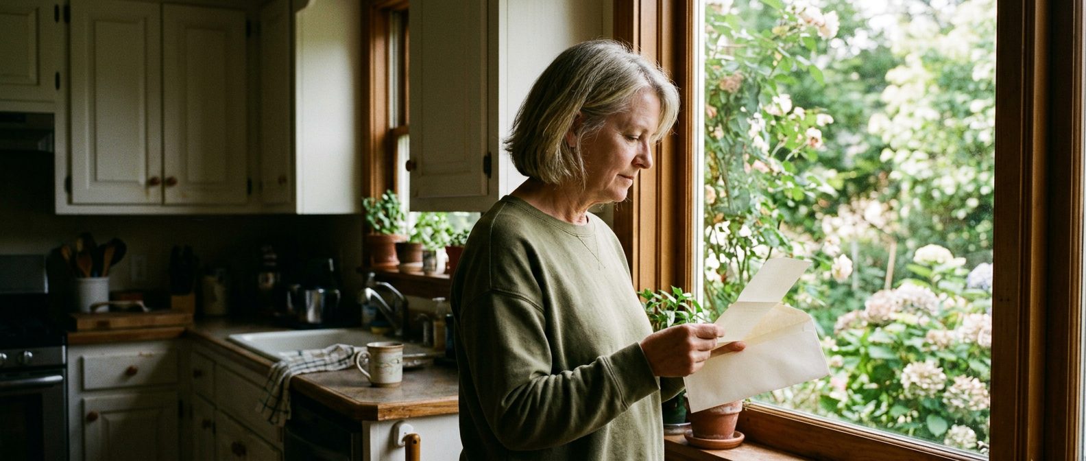 A woman in her sixties reading a letter at her kitchen window
