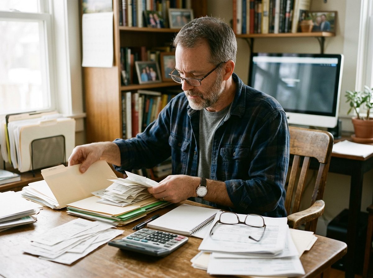 A man sorting receipts and tax documents at his home office desk