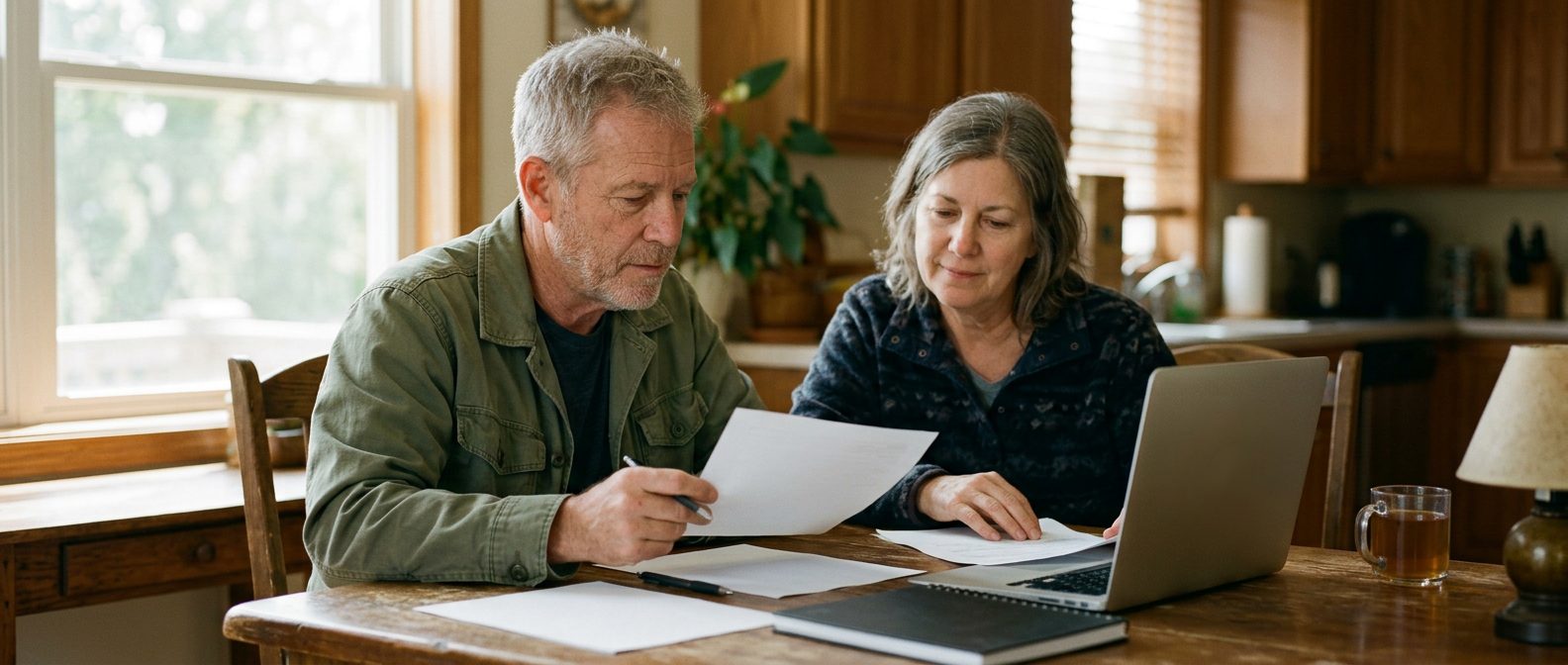 An older veteran and his wife reviewing paperwork together at their kitchen table, with a laptop open beside them