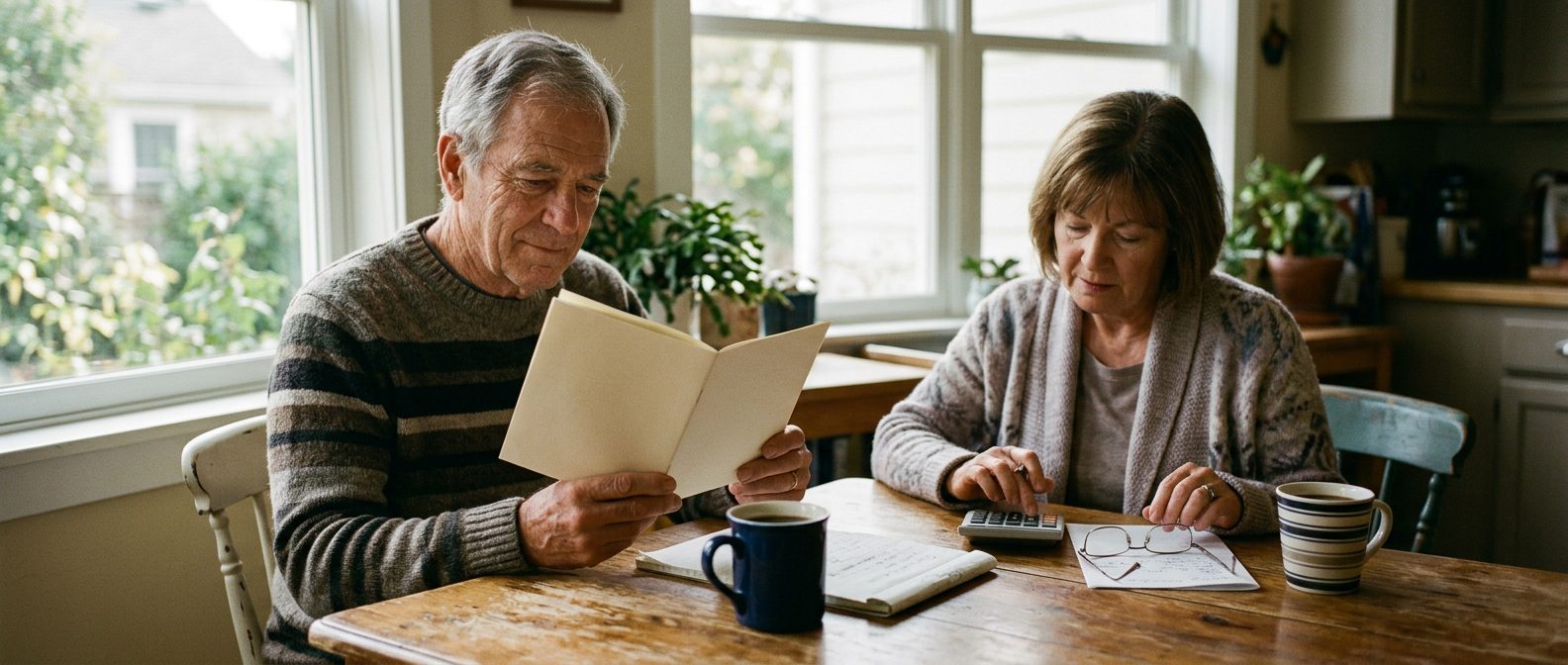 A retired couple at their kitchen table in morning light, the husband reading a booklet while his wife works a calculator