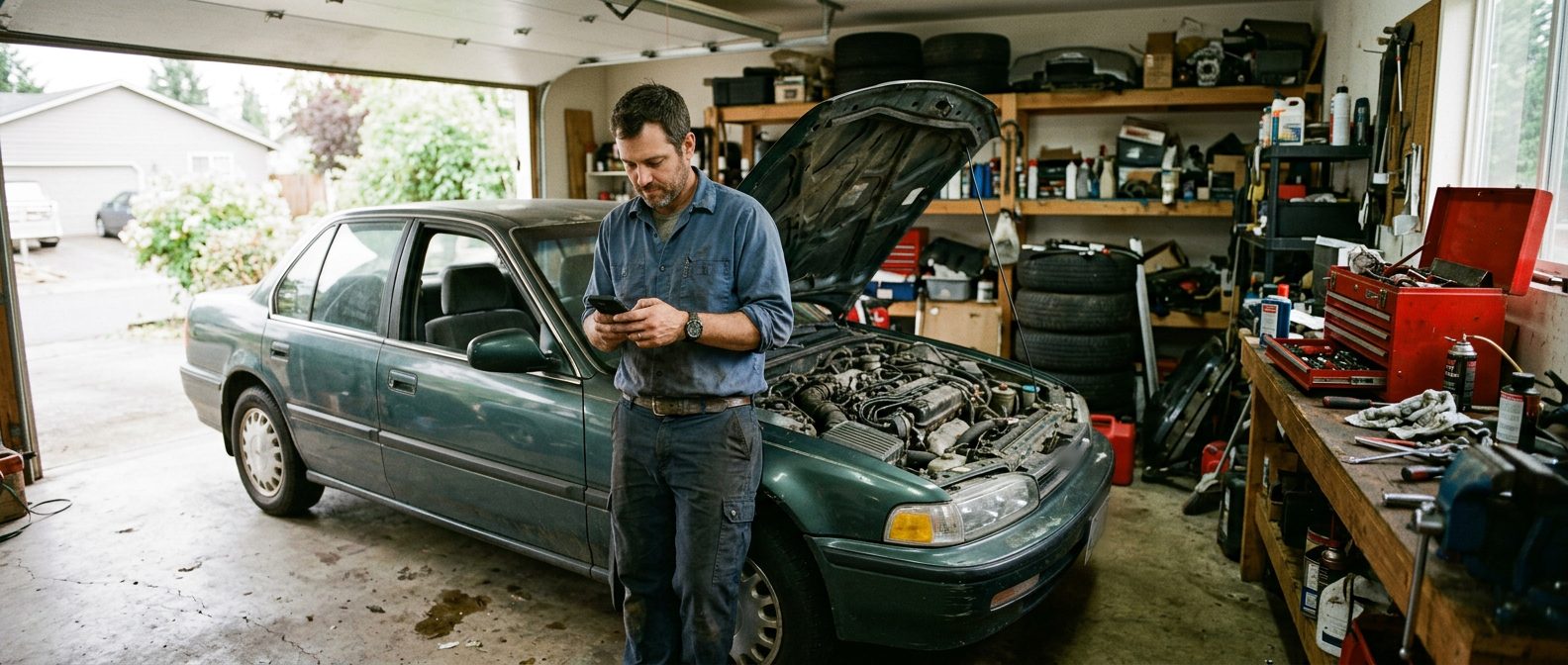 A man standing beside his older car in a home garage with the hood up, checking his phone as he works out a repair