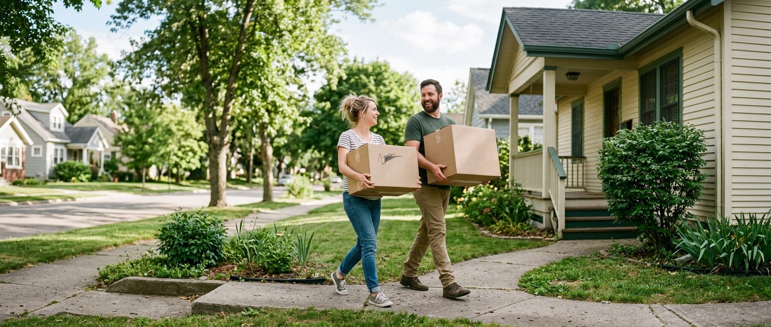 A smiling young couple carries moving boxes up the front walk of a small house on a tree-lined street