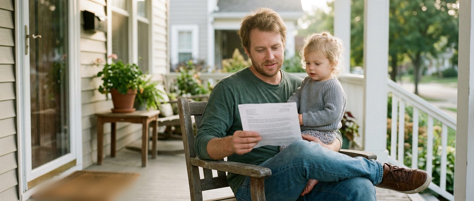 A young father on his front porch reading a letter while holding his toddler daughter on his lap