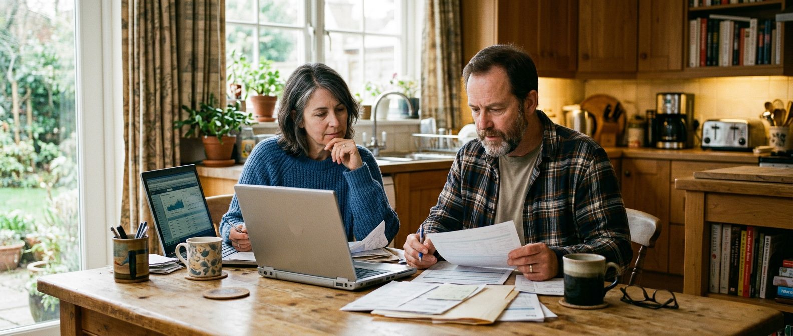 A middle-aged couple sits at a wooden kitchen table with two laptops, coffee mugs and a spread of paperwork, reviewing the numbers